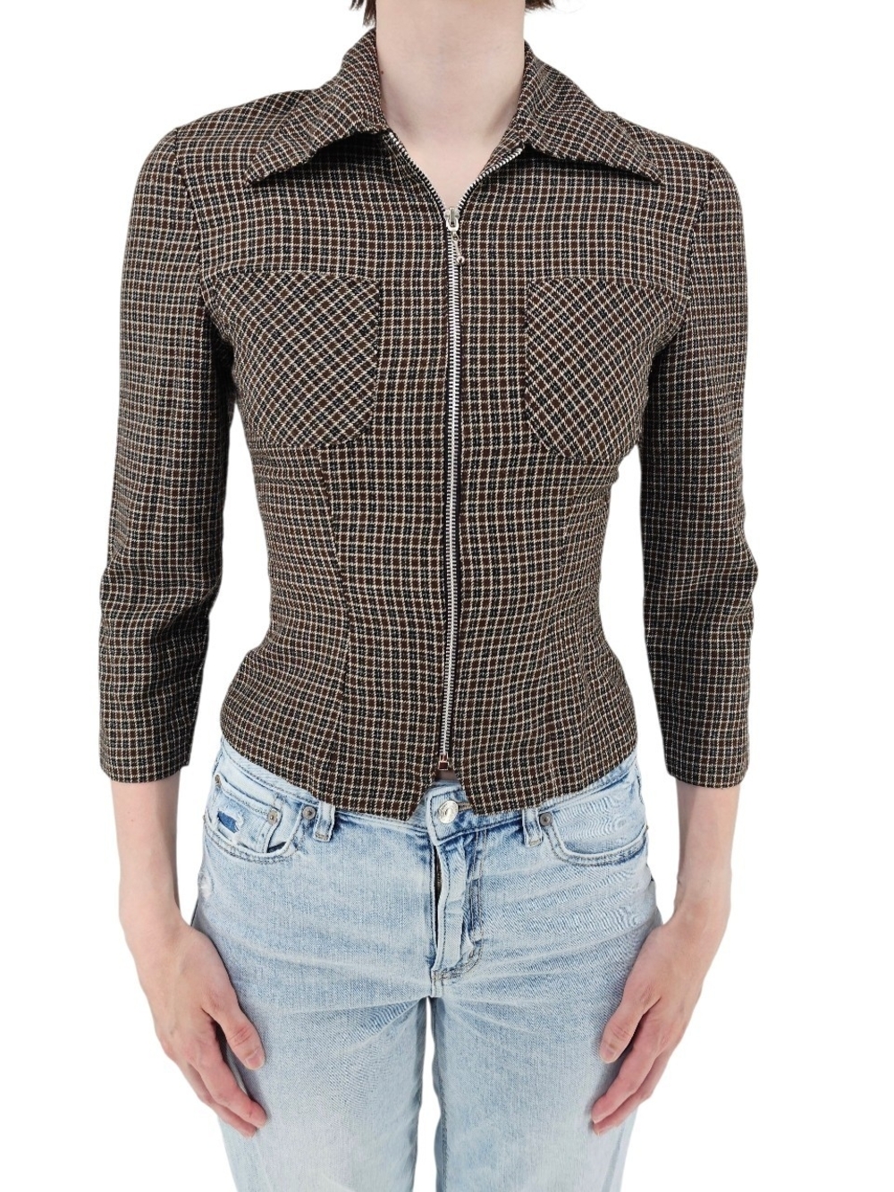 Vintage La Belle Zip Up Houndstooth Jacket Top Brown Fitted USA Size 3/XS Y2K